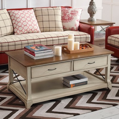 Taylor美式复古实木沙发茶几长方形客厅小桌子仿古白双层