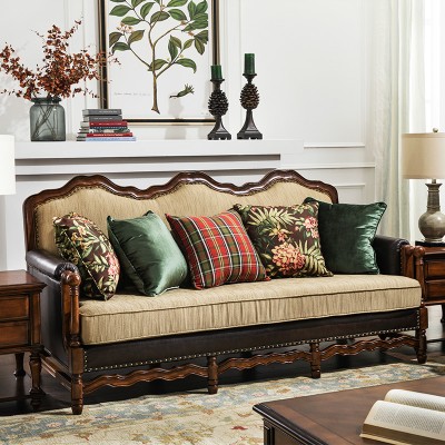 Rhine美式布艺沙发组合小户型实木U型客厅复古做旧三人位