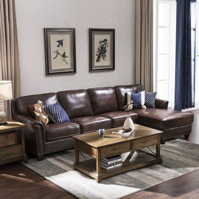 S22美式拐角皮沙发组合小户型客厅头层牛皮革转角L型棕色