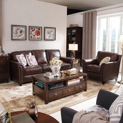 S22美式复古真皮沙发三人头层牛皮艺客厅小户型家具组合