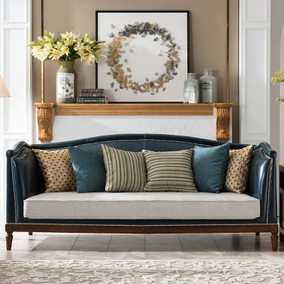 布莱德美式真皮沙发 藏蓝色皮布沙发123组合简约小户型客厅家具三人位沙发