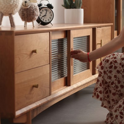 「和睦樱桃木电视柜」北欧日式实木推拉门玻璃视听柜现代简约家具