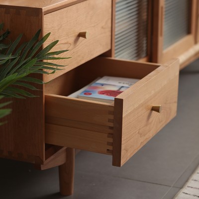 「和睦樱桃木电视柜」北欧日式实木推拉门玻璃视听柜现代简约家具